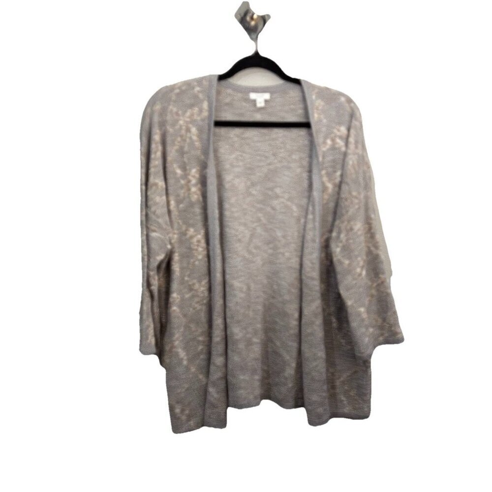 J Jill Open Knit Soft Cozy  Cardigan Sweater 3/4 Sleeve Gray Tan Women Large